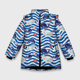 Зимняя куртка для девочек 3D с принтом Киты и дельфины в Новосибирске, ткань верха — 100% полиэстер; подклад — 100% полиэстер, утеплитель — 100% полиэстер. | длина ниже бедра, удлиненная спинка, воротник стойка и отстегивающийся капюшон. Есть боковые карманы с листочкой на кнопках, утяжки по низу изделия и внутренний карман на молнии. 

Предусмотрены светоотражающий принт на спинке, радужный светоотражающий элемент на пуллере молнии и на резинке для утяжки. | animals | background | boats | fashion | hearts | paper | sea | style | text | water | вода | волны | графика | дельфины | детский | иллюстрация | картинка | мода | море | морские | надпись | океан | орнамент | полоски | пуговицы | пунктир