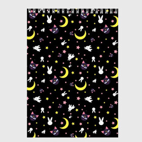 Скетчбук с принтом Sailor Moon Pattern в Новосибирске, 100% бумага
 | 48 листов, плотность листов — 100 г/м2, плотность картонной обложки — 250 г/м2. Листы скреплены сверху удобной пружинной спиралью | Тематика изображения на принте: аниме | детский | зайчик | зая | звезды | кролик | луна в матроске | матросска | месяц | милота | милый | небо | паттерн | сейлор мун | черный