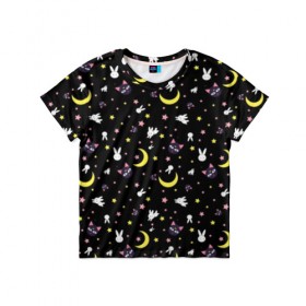 Детская футболка 3D с принтом Sailor Moon Pattern в Новосибирске, 100% гипоаллергенный полиэфир | прямой крой, круглый вырез горловины, длина до линии бедер, чуть спущенное плечо, ткань немного тянется | Тематика изображения на принте: аниме | детский | зайчик | зая | звезды | кролик | луна в матроске | матросска | месяц | милота | милый | небо | паттерн | сейлор мун | черный