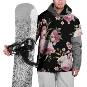 Накидка на куртку 3D с принтом Пионы на Чёрном в Новосибирске, 100% полиэстер |  | букет | бутон | весна | красивый | лето | листья | пион | прекрасный | роза | розочка | цветок | цветы