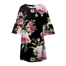 Детское платье 3D с принтом Пионы на Чёрном в Новосибирске, 100% полиэстер | прямой силуэт, чуть расширенный к низу. Круглая горловина, на рукавах — воланы | букет | бутон | весна | красивый | лето | листья | пион | прекрасный | роза | розочка | цветок | цветы