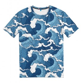 Мужская футболка 3D с принтом Морские волны в Новосибирске, 100% полиэфир | прямой крой, круглый вырез горловины, длина до линии бедер | background | blue | drawing | element | fashion | foam | graphics | illustration | ocean | picture | sea | storm | style | water | waves | wind | ветер | вода | волны | графика | иллюстрация | картинка | мода | море | морские | океан | пена | ри