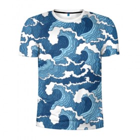 Мужская футболка 3D спортивная с принтом Морские волны в Новосибирске, 100% полиэстер с улучшенными характеристиками | приталенный силуэт, круглая горловина, широкие плечи, сужается к линии бедра | background | blue | drawing | element | fashion | foam | graphics | illustration | ocean | picture | sea | storm | style | water | waves | wind | ветер | вода | волны | графика | иллюстрация | картинка | мода | море | морские | океан | пена | ри
