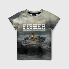 Детская футболка 3D с принтом Профессиональный рыбак в Новосибирске, 100% гипоаллергенный полиэфир | прямой крой, круглый вырез горловины, длина до линии бедер, чуть спущенное плечо, ткань немного тянется | fish | fisher | fisherman | fishman | анорак | костюм для рыбалки | костюм рыбака | лодка | непогода | подарок рыбаку | профессиональный рыбак | рыба | рыбаку | рыбалка | рыбацкая | шторм | шхуна