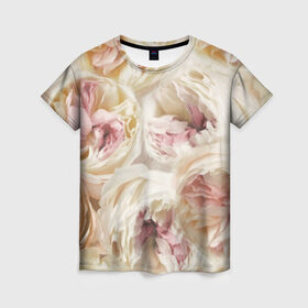 Женская футболка 3D с принтом Нежные Пионы в Новосибирске, 100% полиэфир ( синтетическое хлопкоподобное полотно) | прямой крой, круглый вырез горловины, длина до линии бедер | букет | красивый | милый | пион | роза | розовый | розочка | свадебный | флористика | цветок | цветы