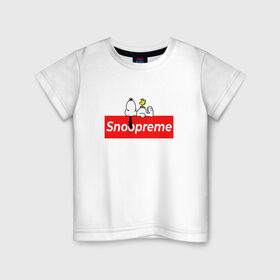 Детская футболка хлопок с принтом Snoopreme в Новосибирске, 100% хлопок | круглый вырез горловины, полуприлегающий силуэт, длина до линии бедер | snoopy | supreme | бигль | комиксы | мода | мульт | надпись | пес | птенец | птица | снупи | собака | суприм | тренд | щенок