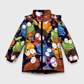 Зимняя куртка для девочек 3D с принтом Пучеглазые монстры в Новосибирске, ткань верха — 100% полиэстер; подклад — 100% полиэстер, утеплитель — 100% полиэстер. | длина ниже бедра, удлиненная спинка, воротник стойка и отстегивающийся капюшон. Есть боковые карманы с листочкой на кнопках, утяжки по низу изделия и внутренний карман на молнии. 

Предусмотрены светоотражающий принт на спинке, радужный светоотражающий элемент на пуллере молнии и на резинке для утяжки. | aliens | background | big | black | children | eyes | fashion | green | illustration | monsters | pattern | pic | round | style | большие | глаза | графика | детский | зелёные | зубы | иллюстрация | инопланетяне | картинка | клыки | мода | орнамент | приш