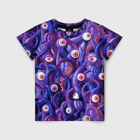 Детская футболка 3D с принтом Щупальца с глазами в Новосибирске, 100% гипоаллергенный полиэфир | прямой крой, круглый вырез горловины, длина до линии бедер, чуть спущенное плечо, ткань немного тянется | aliens | backgro | blue | cartoons | children | eyes | fashion | funny | monsters | purple | scary | style | весёлые | глаза | графика | детский | иллюстрация | инопланетяне | картинка | красные | мода | орнамент | персонажи | пришельцы | рисунок