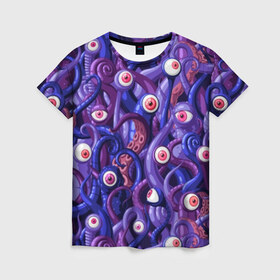 Женская футболка 3D с принтом Щупальца с глазами в Новосибирске, 100% полиэфир ( синтетическое хлопкоподобное полотно) | прямой крой, круглый вырез горловины, длина до линии бедер | aliens | backgro | blue | cartoons | children | eyes | fashion | funny | monsters | purple | scary | style | весёлые | глаза | графика | детский | иллюстрация | инопланетяне | картинка | красные | мода | орнамент | персонажи | пришельцы | рисунок