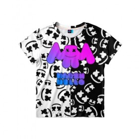 Детская футболка 3D с принтом Marshmello в Новосибирске, 100% гипоаллергенный полиэфир | прямой крой, круглый вырез горловины, длина до линии бедер, чуть спущенное плечо, ткань немного тянется | Тематика изображения на принте: dj | fortnite | marshmello | music | дж | зефир | маршмелоу | музыка | форнайт | фортнайт