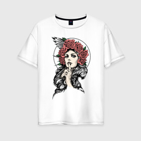Женская футболка хлопок Oversize с принтом Девушка в стиле чикано в Новосибирске, 100% хлопок | свободный крой, круглый ворот, спущенный рукав, длина до линии бедер
 | adam | isaac | jackson | ворон | женщина | перья | птица | розы | тату | цветы | эскиз