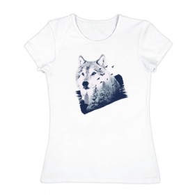 Женская футболка хлопок с принтом Волк Абстракция в Новосибирске, 100% хлопок | прямой крой, круглый вырез горловины, длина до линии бедер, слегка спущенное плечо | abstraction | wolf | абстракция | волк | волки | лес | птицы