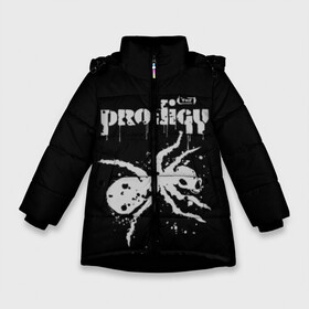 Зимняя куртка для девочек 3D с принтом The Prodigy логотип в Новосибирске, ткань верха — 100% полиэстер; подклад — 100% полиэстер, утеплитель — 100% полиэстер. | длина ниже бедра, удлиненная спинка, воротник стойка и отстегивающийся капюшон. Есть боковые карманы с листочкой на кнопках, утяжки по низу изделия и внутренний карман на молнии. 

Предусмотрены светоотражающий принт на спинке, радужный светоотражающий элемент на пуллере молнии и на резинке для утяжки. | Тематика изображения на принте: 2019 | album | art | break | dance | logo | music | prodigy | брейк | граффити | группа | заставка | лого | логотип | музыка | муравей | новый альбом | обложка альбома | продиджи