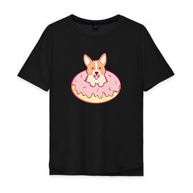 Мужская футболка хлопок Oversize с принтом Корги Пончик в Новосибирске, 100% хлопок | свободный крой, круглый ворот, “спинка” длиннее передней части | dog | donut | kawaii | вкусняшка | выпечка | еда | лапочка | милый | мимими | пес | песик | сладкий | собака | щенок