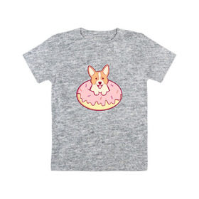 Детская футболка хлопок с принтом Корги Пончик в Новосибирске, 100% хлопок | круглый вырез горловины, полуприлегающий силуэт, длина до линии бедер | Тематика изображения на принте: dog | donut | kawaii | вкусняшка | выпечка | еда | лапочка | милый | мимими | пес | песик | сладкий | собака | щенок