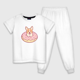 Детская пижама хлопок с принтом Корги Пончик в Новосибирске, 100% хлопок |  брюки и футболка прямого кроя, без карманов, на брюках мягкая резинка на поясе и по низу штанин
 | dog | donut | kawaii | вкусняшка | выпечка | еда | лапочка | милый | мимими | пес | песик | сладкий | собака | щенок