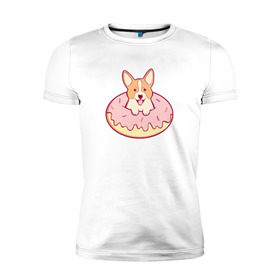 Мужская футболка премиум с принтом Корги Пончик в Новосибирске, 92% хлопок, 8% лайкра | приталенный силуэт, круглый вырез ворота, длина до линии бедра, короткий рукав | Тематика изображения на принте: dog | donut | kawaii | вкусняшка | выпечка | еда | лапочка | милый | мимими | пес | песик | сладкий | собака | щенок