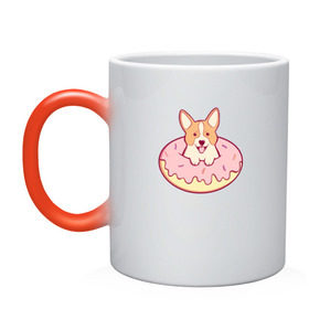 Кружка хамелеон с принтом Корги Пончик в Новосибирске, керамика | меняет цвет при нагревании, емкость 330 мл | Тематика изображения на принте: dog | donut | kawaii | вкусняшка | выпечка | еда | лапочка | милый | мимими | пес | песик | сладкий | собака | щенок