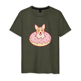 Мужская футболка хлопок с принтом Корги Пончик в Новосибирске, 100% хлопок | прямой крой, круглый вырез горловины, длина до линии бедер, слегка спущенное плечо. | dog | donut | kawaii | вкусняшка | выпечка | еда | лапочка | милый | мимими | пес | песик | сладкий | собака | щенок