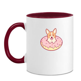 Кружка двухцветная с принтом Корги Пончик в Новосибирске, керамика | объем — 330 мл, диаметр — 80 мм. Цветная ручка и кайма сверху, в некоторых цветах — вся внутренняя часть | dog | donut | kawaii | вкусняшка | выпечка | еда | лапочка | милый | мимими | пес | песик | сладкий | собака | щенок