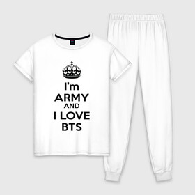 Женская пижама хлопок с принтом BTS & Keep Caalm в Новосибирске, 100% хлопок | брюки и футболка прямого кроя, без карманов, на брюках мягкая резинка на поясе и по низу штанин | Тематика изображения на принте: army | bad | boy | bts | btsarmy | calm | exo | jhope | jimin | jin | jungkook | k pop | keep | keep calm | kpop | mon | monster | rap | suga | wings | бтс | кип калм | кпоп | поп