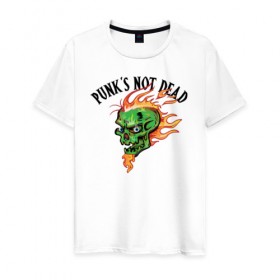 Мужская футболка хлопок с принтом Punk`s not dead в Новосибирске, 100% хлопок | прямой крой, круглый вырез горловины, длина до линии бедер, слегка спущенное плечо. | beard | cool | creative | death | design | eyes | fire | flame | green | hype | music | punk | skull | vanguard | авангард | борода | глаза | дизайн | зеленый | креатив | круто | музыка | огонь | панк | пламя | хайп | череп
