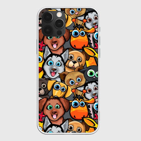 Чехол для iPhone 12 Pro с принтом Веселые собаки в Новосибирске, силикон | область печати: задняя сторона чехла, без боковых панелей | Тематика изображения на принте: бульдог | голубые глаза | доберман | животные | жирафы | котики | милые | олени | разноцветные | собаки | хаски | яркие