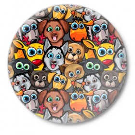 Значок с принтом Веселые собаки в Новосибирске,  металл | круглая форма, металлическая застежка в виде булавки | Тематика изображения на принте: бульдог | голубые глаза | доберман | животные | жирафы | котики | милые | олени | разноцветные | собаки | хаски | яркие
