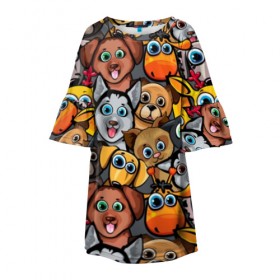 Детское платье 3D с принтом Веселые собаки в Новосибирске, 100% полиэстер | прямой силуэт, чуть расширенный к низу. Круглая горловина, на рукавах — воланы | бульдог | голубые глаза | доберман | животные | жирафы | котики | милые | олени | разноцветные | собаки | хаски | яркие