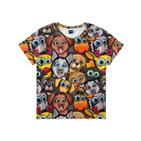 Детская футболка 3D с принтом Веселые собаки в Новосибирске, 100% гипоаллергенный полиэфир | прямой крой, круглый вырез горловины, длина до линии бедер, чуть спущенное плечо, ткань немного тянется | Тематика изображения на принте: бульдог | голубые глаза | доберман | животные | жирафы | котики | милые | олени | разноцветные | собаки | хаски | яркие