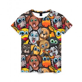 Женская футболка 3D с принтом Веселые собаки в Новосибирске, 100% полиэфир ( синтетическое хлопкоподобное полотно) | прямой крой, круглый вырез горловины, длина до линии бедер | Тематика изображения на принте: бульдог | голубые глаза | доберман | животные | жирафы | котики | милые | олени | разноцветные | собаки | хаски | яркие