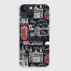Чехол для iPhone 13 mini с принтом Лондон в Новосибирске,  |  | butterfly | car | england | fashion | london | queen | style | taxi | tree | uk | англия | бабочка | башня | великобритания | галстук | город | графика | дерево | дизайн | дождь | картинка | королева | лондон | машина | мода | надпись