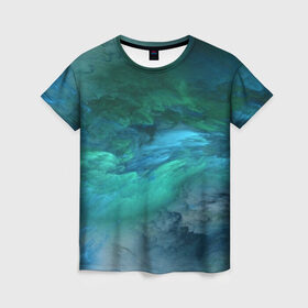 Женская футболка 3D с принтом Изумрудные Облака в Новосибирске, 100% полиэфир ( синтетическое хлопкоподобное полотно) | прямой крой, круглый вырез горловины, длина до линии бедер | abstraction | абстракция | голубые | живопись | искусство | космос | краска | краски | облако | пар | природа | смешение красок | созвездие | стихия | туман | туманность