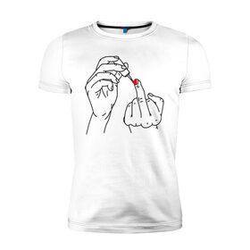 Мужская футболка премиум с принтом Девушка красит ногти в Новосибирске, 92% хлопок, 8% лайкра | приталенный силуэт, круглый вырез ворота, длина до линии бедра, короткий рукав | Тематика изображения на принте: жест | контур | лак | линии | маникюр | ноготь | отвали | палец | рука