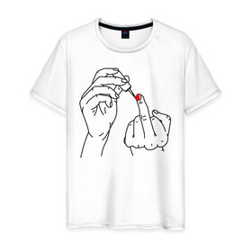 Мужская футболка хлопок с принтом Девушка красит ногти в Новосибирске, 100% хлопок | прямой крой, круглый вырез горловины, длина до линии бедер, слегка спущенное плечо. | жест | контур | лак | линии | маникюр | ноготь | отвали | палец | рука