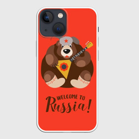 Чехол для iPhone 13 mini с принтом Welcome to Russia в Новосибирске,  |  | animal | balalaika | bear | great | hat | musical | play | power | predator | russia | russian | star | welcome | wild | балалайка | валенки | великая | д | дикий | добро | животное | звезда | играет | инструмент | медведь | музыкальный | надпись | пожало
