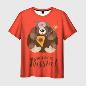 Мужская футболка 3D с принтом Welcome to Russia в Новосибирске, 100% полиэфир | прямой крой, круглый вырез горловины, длина до линии бедер | animal | balalaika | bear | great | hat | musical | play | power | predator | russia | russian | star | welcome | wild | балалайка | валенки | великая | д | дикий | добро | животное | звезда | играет | инструмент | медведь | музыкальный | надпись | пожало
