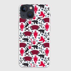 Чехол для iPhone 13 mini с принтом Русский орнамент в Новосибирске,  |  | animal | bear | hat | instrument | matryoshka | musical | ornament | pattern | russia | russian | star | symbol | trees | wild | wooden | гармонь | деревья | деревя | дикий | ёлки | животное | звезда | инструмент | матрешка | медведь | музыкальный | орнам