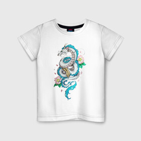 Детская футболка хлопок с принтом Дракон Хаку в цветах в Новосибирске, 100% хлопок | круглый вырез горловины, полуприлегающий силуэт, длина до линии бедер | аниме | безликий | сэн и таинственное исчезновение тихиро | унесённые призраками | хаку | хаяо миядзаки