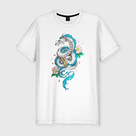 Мужская футболка хлопок Slim с принтом Дракон Хаку в цветах в Новосибирске, 92% хлопок, 8% лайкра | приталенный силуэт, круглый вырез ворота, длина до линии бедра, короткий рукав | Тематика изображения на принте: аниме | безликий | сэн и таинственное исчезновение тихиро | унесённые призраками | хаку | хаяо миядзаки