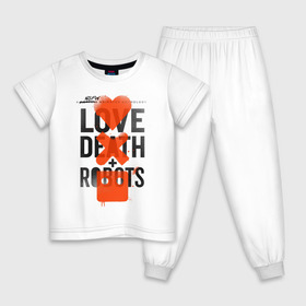 Детская пижама хлопок с принтом LOVE DEATH + ROBOTS в Новосибирске, 100% хлопок |  брюки и футболка прямого кроя, без карманов, на брюках мягкая резинка на поясе и по низу штанин
 | death | love death + robots | netflix | robots | любовь | нетфликс | роботы | сериал