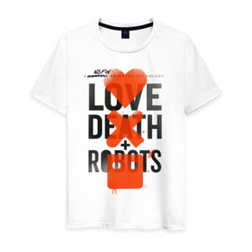 Мужская футболка хлопок с принтом LOVE DEATH + ROBOTS в Новосибирске, 100% хлопок | прямой крой, круглый вырез горловины, длина до линии бедер, слегка спущенное плечо. | death | love death + robots | netflix | robots | любовь | нетфликс | роботы | сериал