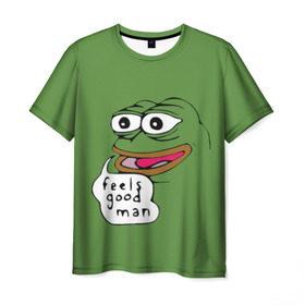 Мужская футболка 3D с принтом Feels Good Man в Новосибирске, 100% полиэфир | прямой крой, круглый вырез горловины, длина до линии бедер | pepe | pepe frog | зеленая лягушка | лягушка | пепе