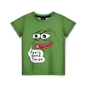 Детская футболка 3D с принтом Feels Good Man в Новосибирске, 100% гипоаллергенный полиэфир | прямой крой, круглый вырез горловины, длина до линии бедер, чуть спущенное плечо, ткань немного тянется | Тематика изображения на принте: pepe | pepe frog | зеленая лягушка | лягушка | пепе