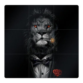Магнитный плакат 3Х3 с принтом Лев в смокинге в Новосибирске, Полимерный материал с магнитным слоем | 9 деталей размером 9*9 см | Тематика изображения на принте: бабочка | грива | грозный | лев | роза | серьезный | хищник | царь | церь зверей