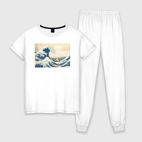 Женская пижама хлопок с принтом Большая волна в Новосибирске, 100% хлопок | брюки и футболка прямого кроя, без карманов, на брюках мягкая резинка на поясе и по низу штанин | большая волна | искусство | канагава