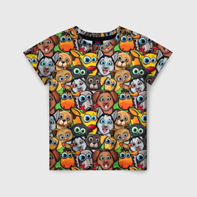 Детская футболка 3D с принтом Веселые собачки в Новосибирске, 100% гипоаллергенный полиэфир | прямой крой, круглый вырез горловины, длина до линии бедер, чуть спущенное плечо, ткань немного тянется | Тематика изображения на принте: бульдог | голубые глаза | доберман | животные | жирафы | котики | милые | олени | разноцветные | собаки | хаски | яркие