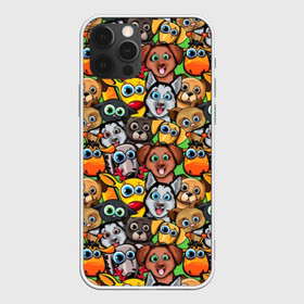 Чехол для iPhone 12 Pro с принтом Веселые собачки в Новосибирске, силикон | область печати: задняя сторона чехла, без боковых панелей | Тематика изображения на принте: бульдог | голубые глаза | доберман | животные | жирафы | котики | милые | олени | разноцветные | собаки | хаски | яркие