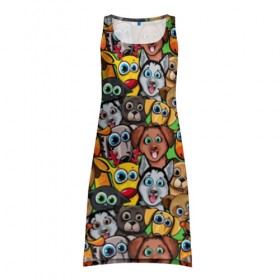 Платье-майка 3D с принтом Веселые собачки в Новосибирске, 100% полиэстер | полуприлегающий силуэт, широкие бретели, круглый вырез горловины, удлиненный подол сзади. | бульдог | голубые глаза | доберман | животные | жирафы | котики | милые | олени | разноцветные | собаки | хаски | яркие