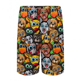 Детские спортивные шорты 3D с принтом Веселые собачки в Новосибирске,  100% полиэстер
 | пояс оформлен широкой мягкой резинкой, ткань тянется
 | Тематика изображения на принте: бульдог | голубые глаза | доберман | животные | жирафы | котики | милые | олени | разноцветные | собаки | хаски | яркие